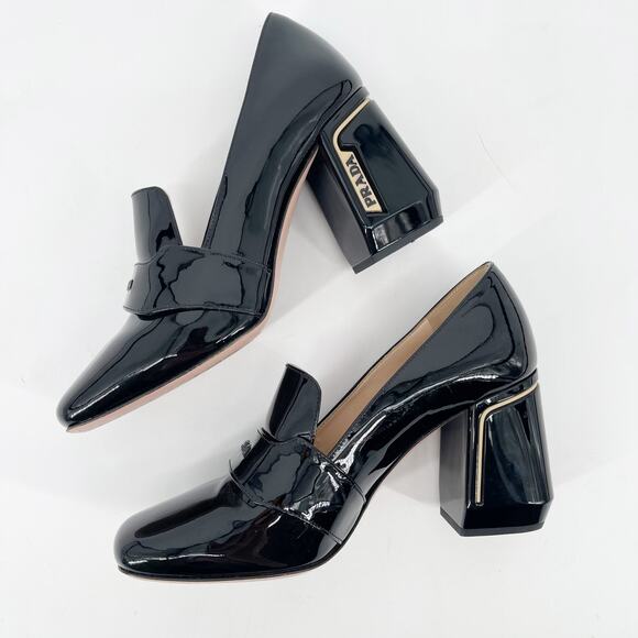 Prada Black Patent Leather Logo Heel Square Toe Loafer Pumps Women’s IT 36.5 - Picture 5 of 13